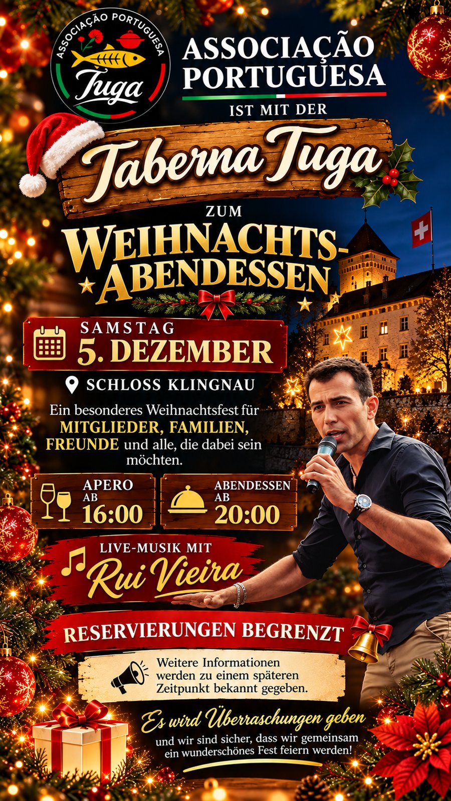 Flyer Weihnachtsessen der Associação Portuguesa Tuga, 5. Dezember 2026, Schloss Klingnau
