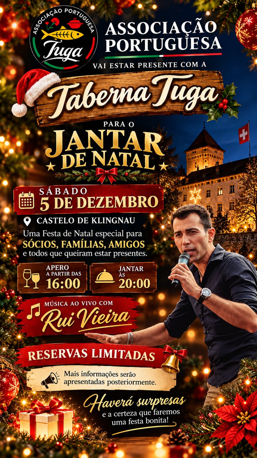 Flyer do Jantar de Natal da Associação Portuguesa Tuga, 5 de dezembro de 2026, Castelo de Klingnau